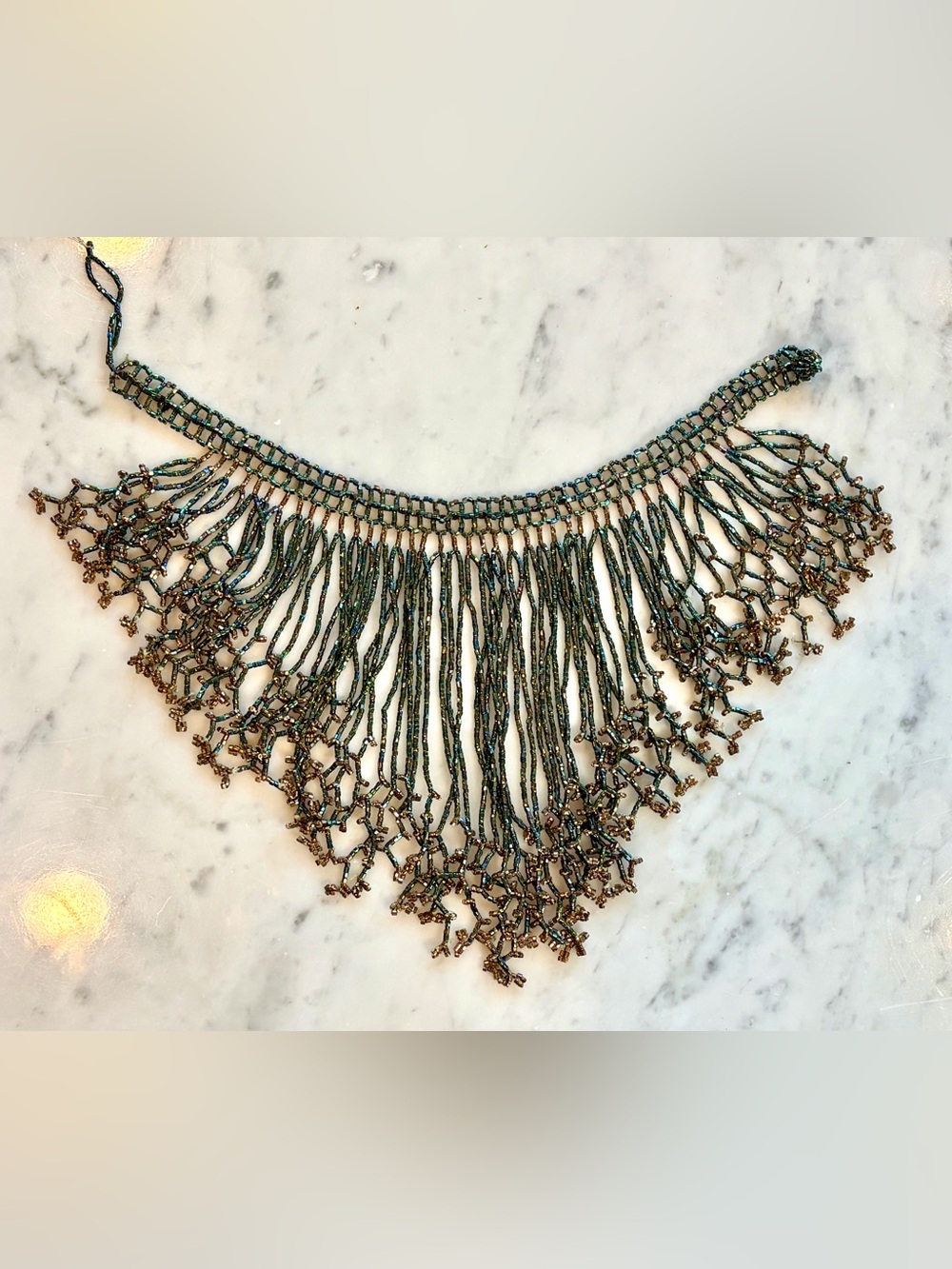 Handcrafted Iridescent Beaded Fringe Collar Necklace, green/gold, EUC - Picture 7 of 12